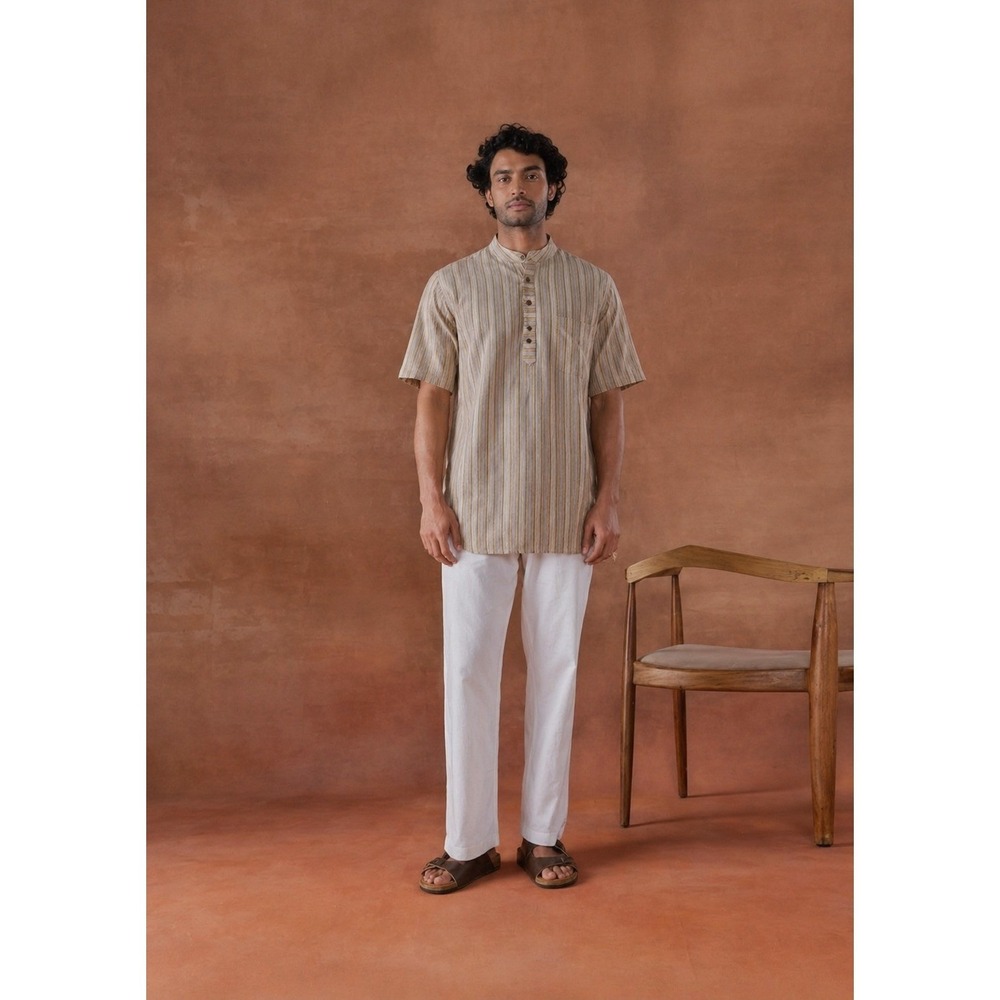 Fabindia Mens Beige Cotton Stripe Short Kurta Mandarin Collar Shirt Size 40